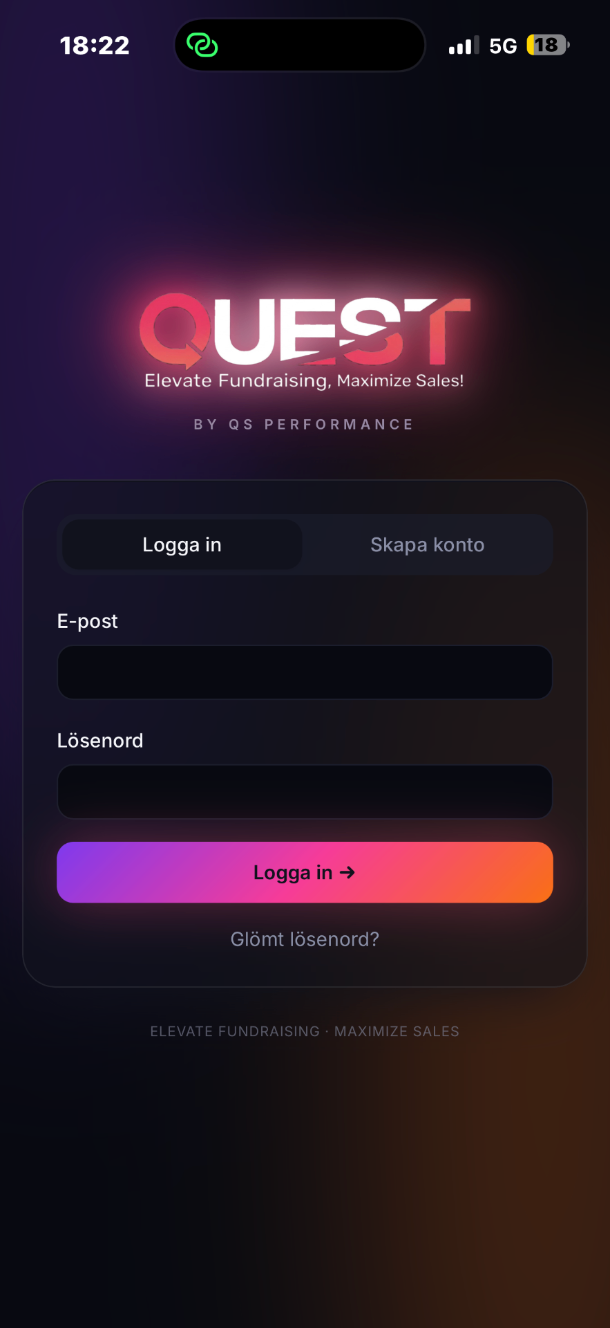 Quest login-skärm